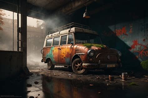 Premium AI Image | A car in a garage with graffiti on the roof