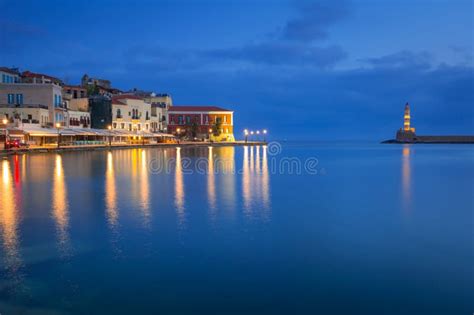 Architecture of Chania at Night with Old Venetian Port on Crete Stock ...