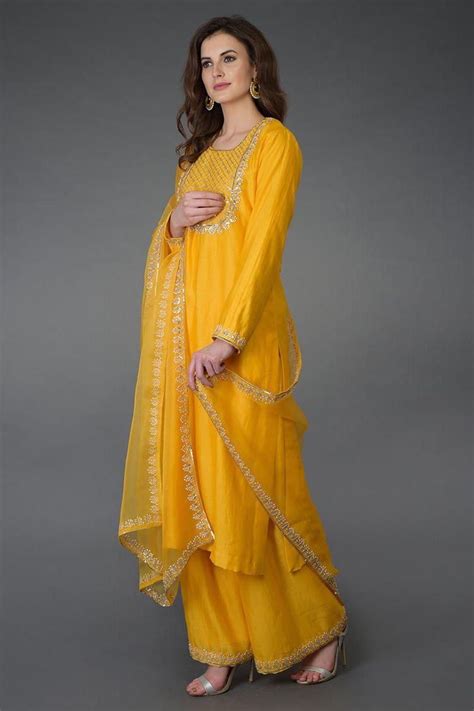 Mustard Yellow Embroidered Three Piece Set Kurta Palazzo Fabric