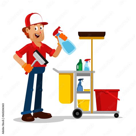 Cartoon of Janitor with Cleaning Cart - Vector Isolated Illustration ...