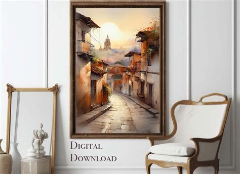 Old Village Painting Digital Downloadable Art Print Pastel Mountain ...