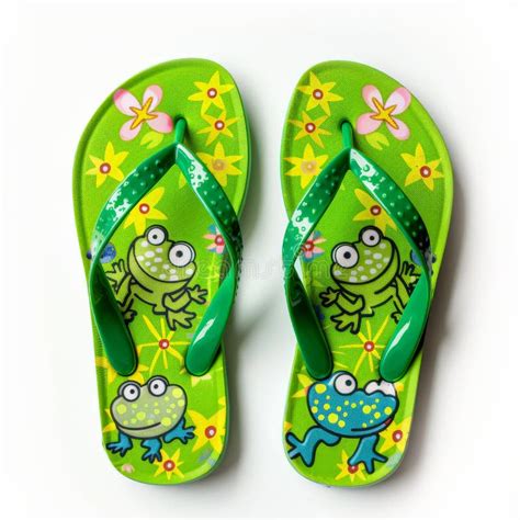 Bright Green Kids Flip Flops With A Playful Frog Pattern Isolated On