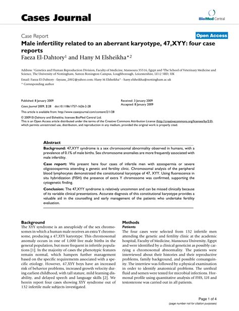 Pdf Male Infertility Related To An Aberrant Karyotype 47xyy Four