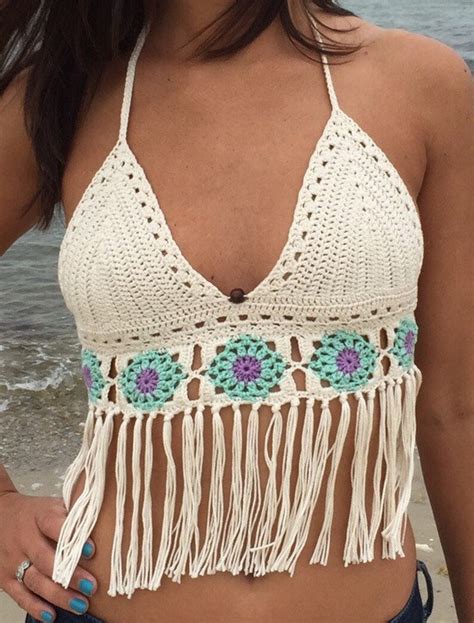 Summer Festival Flower Laced Fringe Crochet Bikini Top Pattern Halter