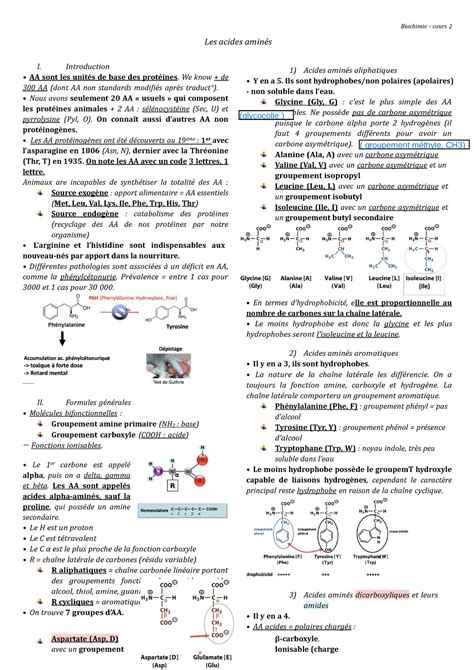 Biochimie acide aminés Les acides aminés Biochimie cours 2 I