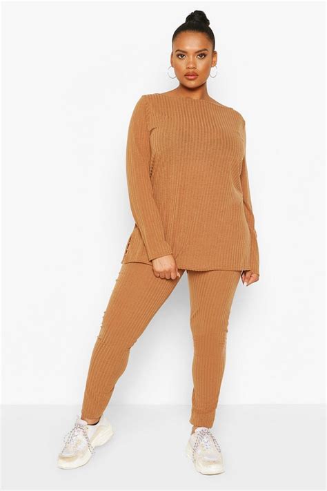 Plus Rib Off The Shoulder Loungewear Set Boohoo Usa