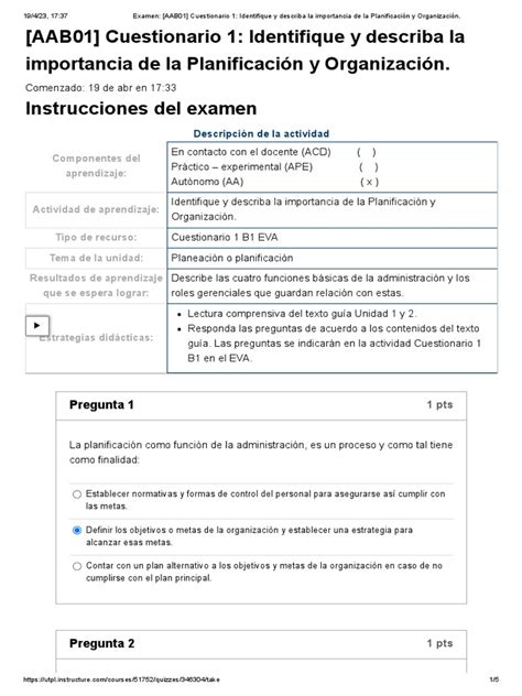 Examen Aab01 Cuestionario 1 Identifique Y Describa La Importancia De La Planificación Y