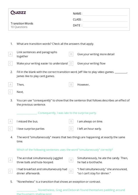 Transition Words Worksheets For Th Grade On Quizizz Free Printable