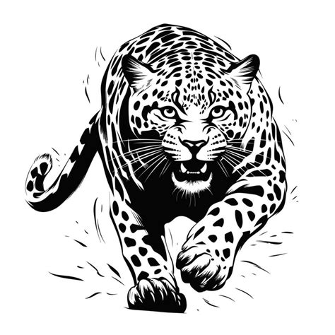 Predatory jaguar sneaking up on its prey. Black and white vector illustration, isolated on white ...