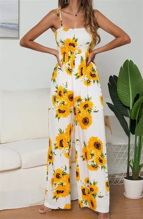 Boho Summer Women Sunflowers Jumpsuits Sleeveless Strap Lace Up Romper