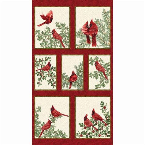 A Festive Season Backyard Cardinals Cream Metallic Panel Quilts Christmas Quilts Fabric