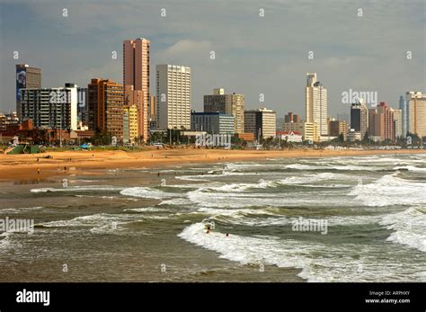 Sandy Golden Mile beaches along the Indian Ocean and skyline of Durban ...