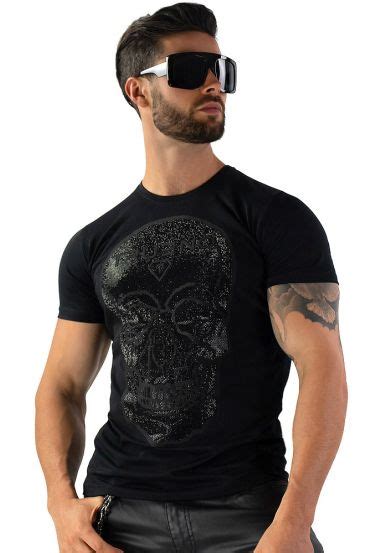 Black Rhinestone Skull T-Shirt Men - Graphic Skull Tee Shirt