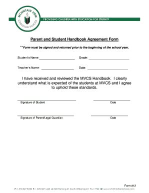 Fillable Online Parent And Student Handbook Agreement Form Form Must