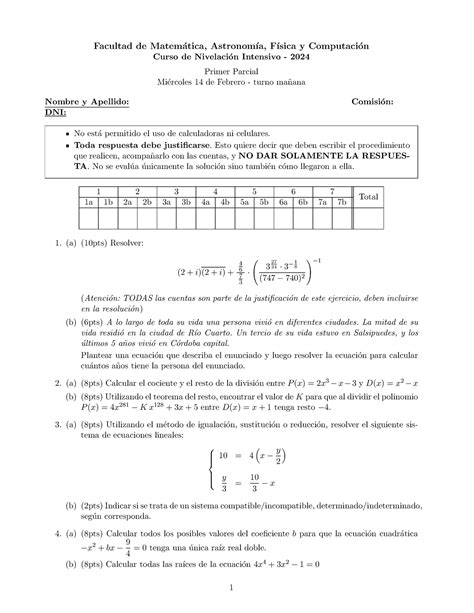 Turno mañana 1er Parcial Matemática Famaf 2024 Facultad de Matem