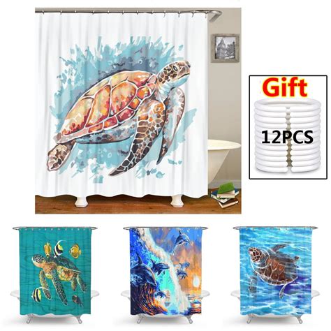 Green Sea Turtles Shower Curtain Sets Beach Theme Fabric Funny Blue