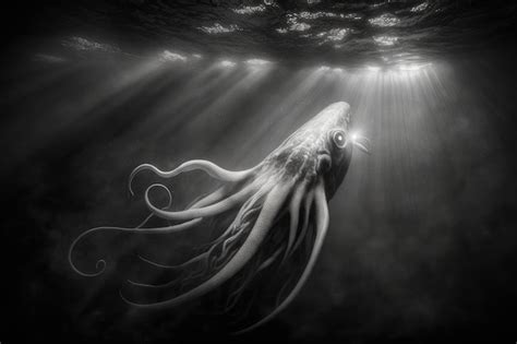 Premium Photo | A giant squid illuminated by a spotlight in the deep ocean