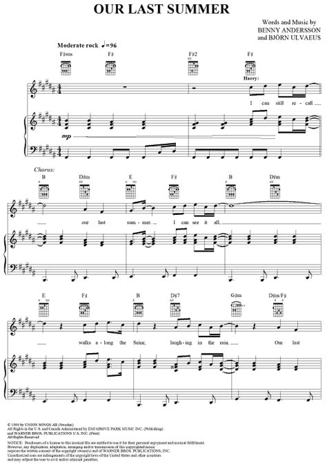 Our Last Summer Sheet Music By Abba For Pianovocalchords Sheet