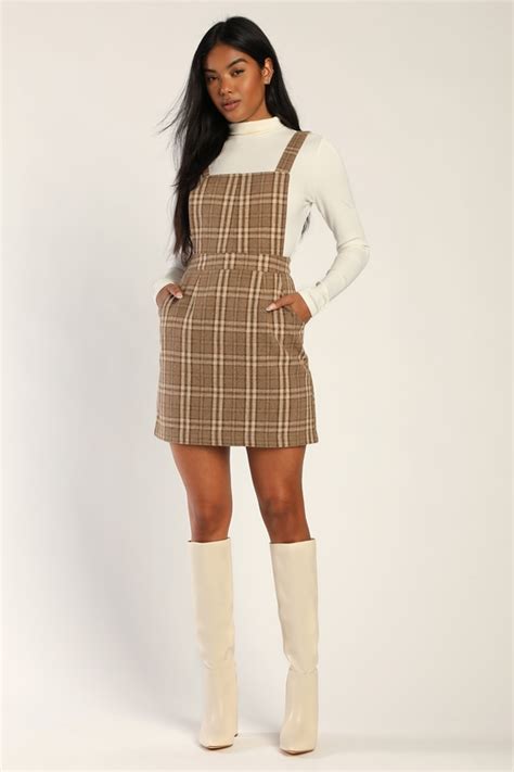 Brown Plaid Dress Mini Pinafore Dress Beige Plaid Pinafore Lulus