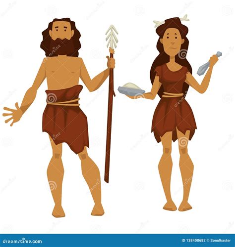 Stone Age Primitive Man And Woman With Spare And Tools Stock Vector