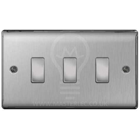 Bg Brushed Steel 3 Gang Light Switch In Double Format Custom Switch — Masterlec