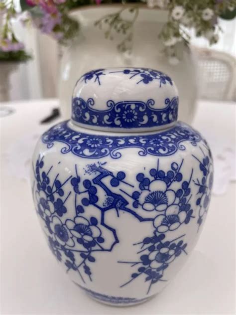 Vintage Andrea Sadek Blue White Cherry Blossom Ginger Jar Porcelain