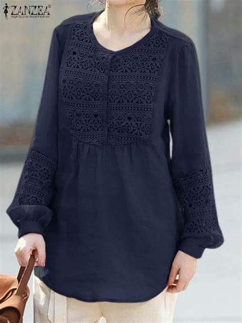 Zanzea Autumn Lace Patchwork Blouse Women Full Sleeve O Neck Tunic Tops