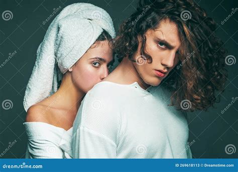 Beautiful Young Couple Gorgeous Woman With A Towel On Her Head Posing