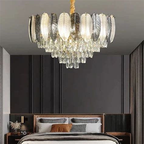 Hdc Feather Glass Crystal Gold Metal Led Chandelier Hanging Suspension