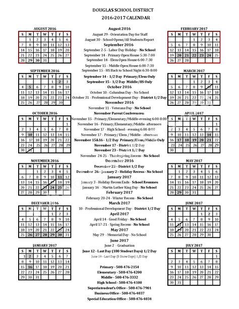 2016 2017 Douglas School District Calendar Douglas Public School