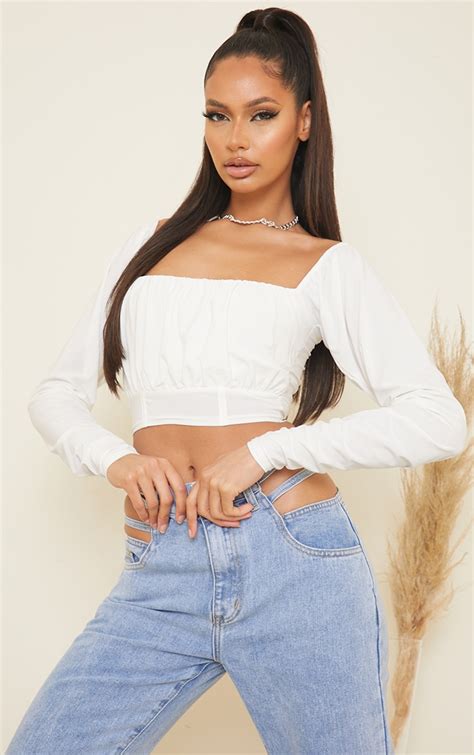 White Soft Touch Ruched Bust Long Sleeve Crop Top Prettylittlething Aus