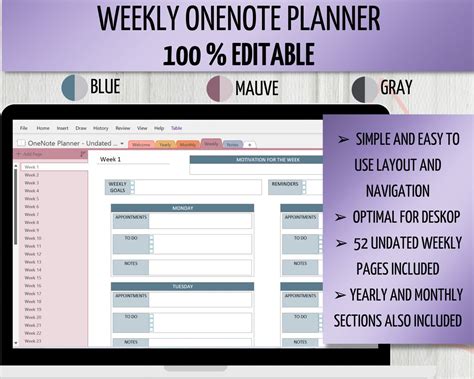 Weekly Onenote Planner, Onenote Digital Planner, Undated Onenote Weekly ...