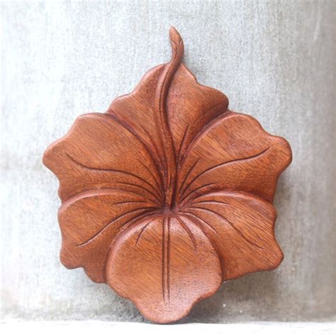 Balinese Hand Carved Hibiscus Flower Wood Relief Panel Single Hibiscus