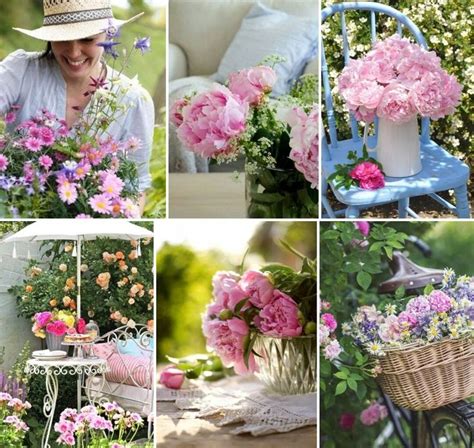 A Collage Of Photos With Flowers In Baskets And On The Table Is An Old