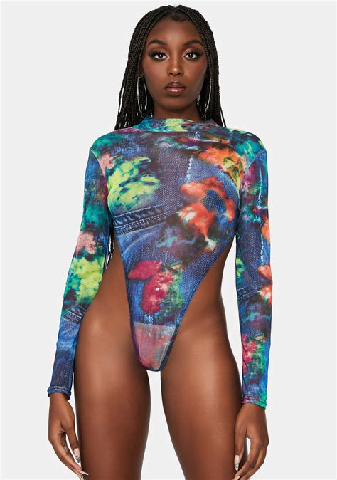 Denim Tie Dye Mesh Long Sleeve Bodysuit Blue Dolls Kill