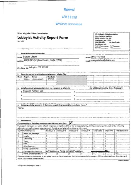 Fillable Online Ethics Wv Apr Lobbyist Activity Report Form