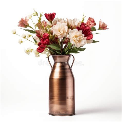 Vintage Style Copper Vase Floral Arrangement On White Background Stock