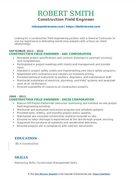 Construction Field Engineer Resume Samples Qwikresume