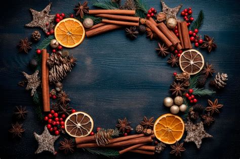 Moldura Redonda De Natal De Ramos Naturais Tangerinas E Canela Em Fundo