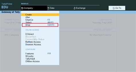 Select Alter Delete Shut Comapny In Tally Prime