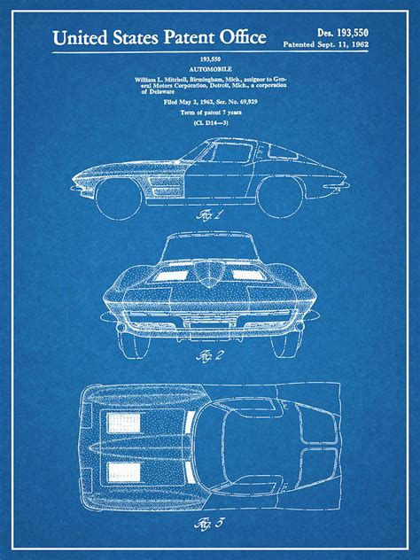 1963 Corvette Stingray Car Poster, Corvette Stingray Patent, Corvette Stingray Blueprint ...