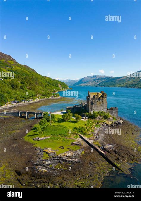 Aerial View Of Eilean Donan Castle In Highland Scotland Uk Stock