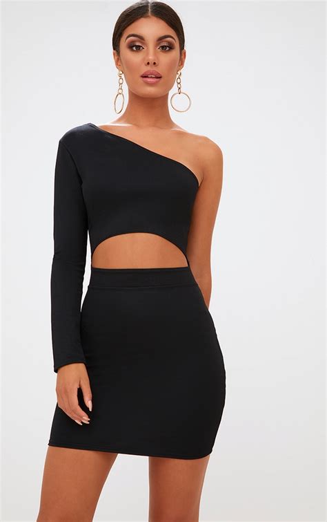 Black Asymmetric One Sleeve Bodycon Dress Dresses Prettylittlething