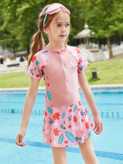 Girls Maple Leaf Print Zipper Front One Piece Swimsuit Shein Usa