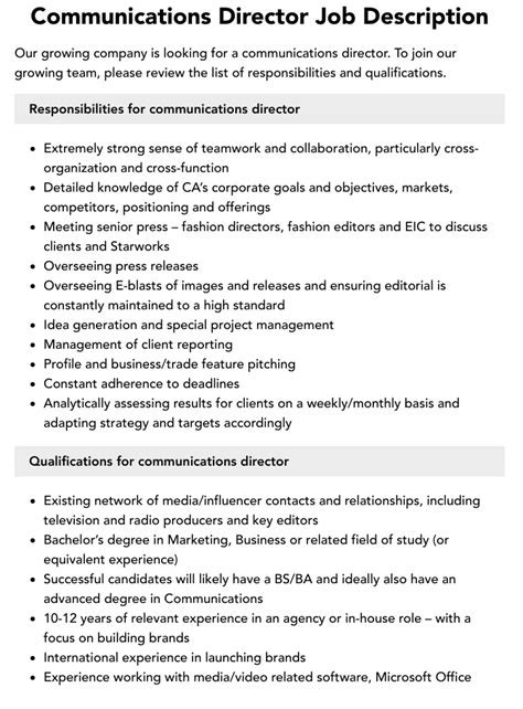 Communications Director Job Description Velvet Jobs