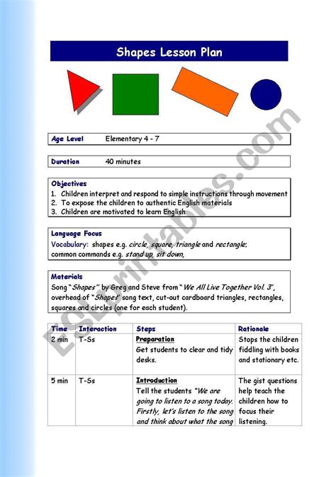 Shapes Song Lesson Plan Esl Worksheet By Carsten