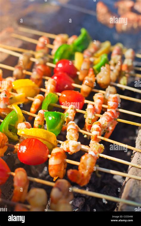 Shish Kebab From Shrimps Cooking Outdoors Stock Photo Alamy