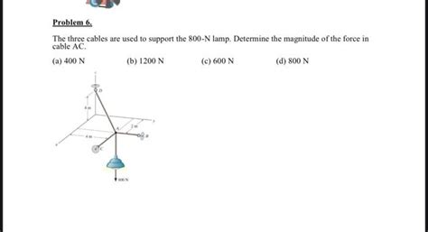 Solved The three cables are used to support the 800−N lamp. | Chegg.com 
