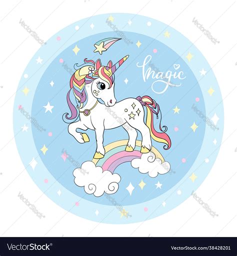 Cute Unicorn Standing On Rainbow Circle Blue Vector Image