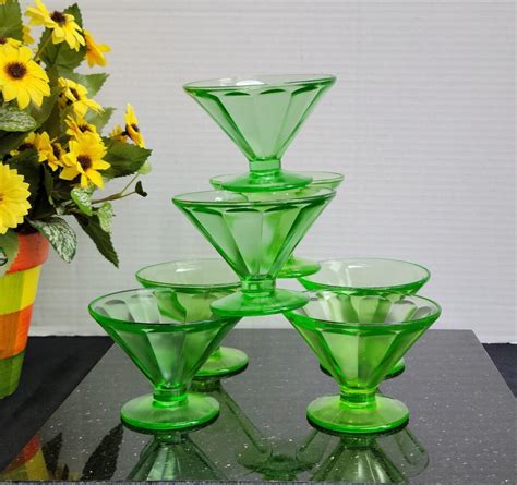 Green Depression Glass Footed Sherbert Dish Set Of 7 Etsy